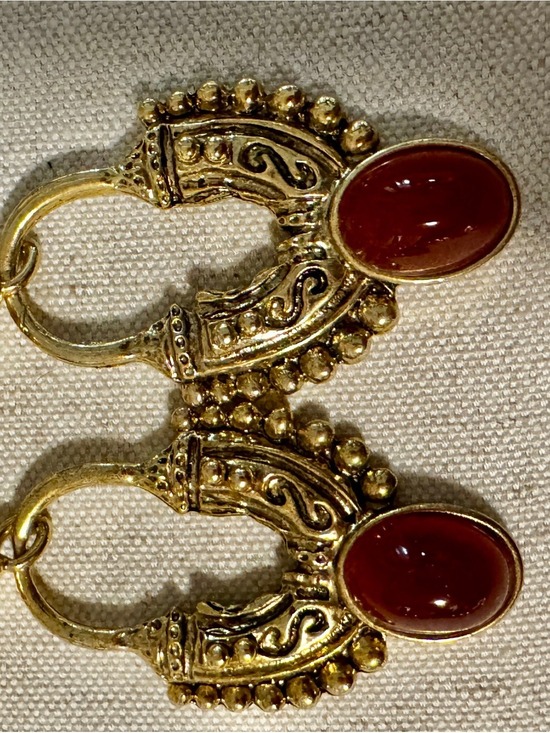 Vintage Jewelry - Vintage Gold Hoop Earrings with Red Cabochon